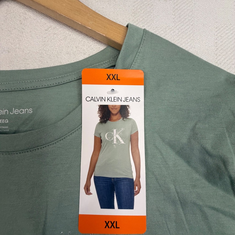 Calvin Klein Jeans Womens XXL Sage Green Glitter CK Logo Graphic T-Shirt NWT